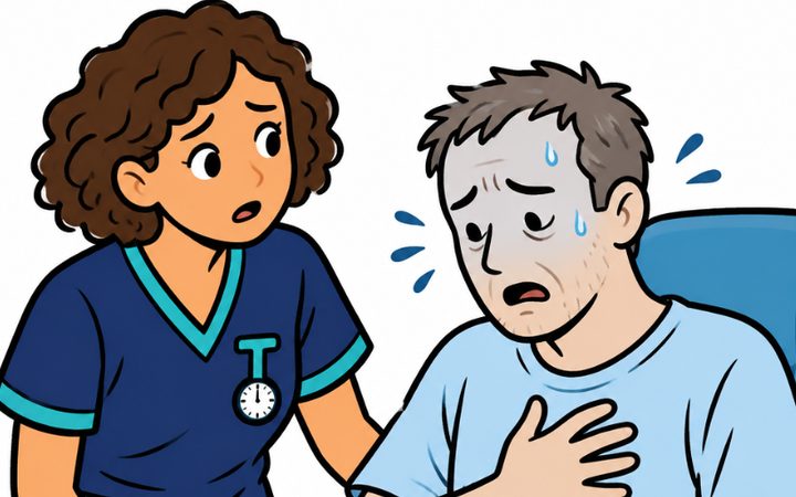 Cartoon nurse assessing a patient with chest pain